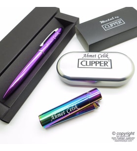 İsme Özel Clipper Parlak Gökkuşağı Metal & Kutulu Çakmak + İsme Özel Kalem
