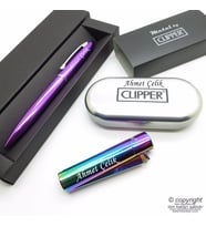 İsme Özel Clipper Parlak Gökkuşağı Metal & Kutulu Çakmak + İsme Özel Kalem