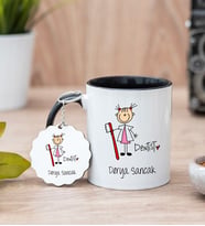Bayan Diş Hekimi Karikatürü Siyah Kupa Bardak Ve Anahtarlık Set
