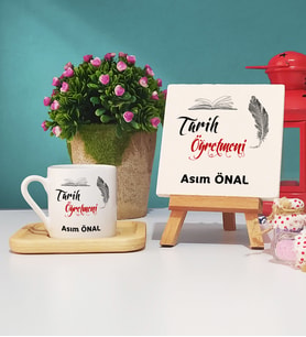 Tarih Öğretmeni Ahşap Altlıklı Türk Kahvesi Fincanı ve Dekoratif Taş Baskı
