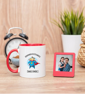 Süper Baba Kırmızı Kupa Bardak ve Kırmızı Mini Fotoğraf Çerçevesi