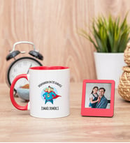 Süper Baba Kırmızı Kupa Bardak ve Kırmızı Mini Fotoğraf Çerçevesi
