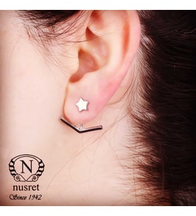925 Ayar Gümüş V - Yıldız Ear jacket Küpe Gümüş-Standart