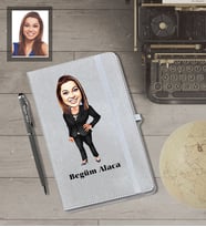 Kişiye Özel Öğretmen Karikatürlü Gri Defter Kalem Hediye Seti  Bayan-14