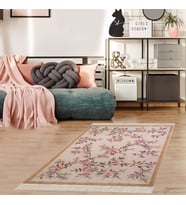 Çiçek Desenli Çerçeveli Dijital Baskı Yıkanabilir Kaymaz Taban Modern Salon Halı ve Yolluk (Bej)