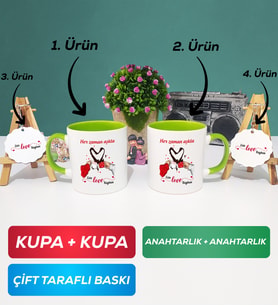 İkili Yeşil Sevgiliye Sevgililer Günü Hediyesi 10 Kupa Bardak Anahtarlık