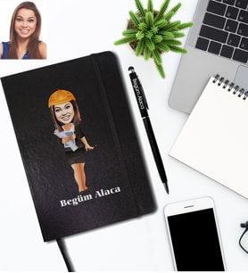 Kişiye Özel Mühendis Karikatürlü Siyah Defter Kalem Hediye Seti Bayan-1