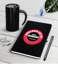 BK Gift Kişiye Özel Dünyanın En İyi Babası Siyah Defter Kalem Termos Mug Seti-4 (Model 1)