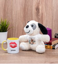 Dudak Tasarım Sarı Kupa Bardak ve Peluş Köpek