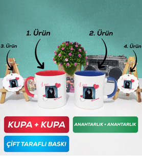 İkili Kırmızı Lacivert Sevgiliye Sevgililer Günü Hediyesi 7 Kupa Bardak Anahtarlık