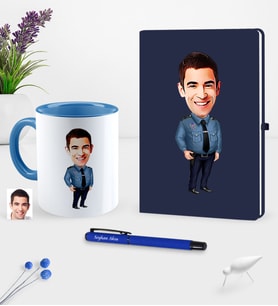 BK Gift Kişiye Özel Bay Polis Karikatürlü Lacivert Defter Kalem Kupa Seti - 3 (Model 1)