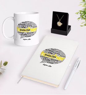 BK Gift Kişiye Özel İngilizce Öğretmeni Beyaz Kupa Defter Kalem ve İsimli Papatya Kolye Hediye Seti-13 (Model 1)