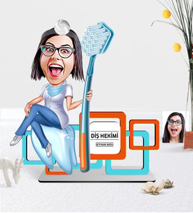 BK Gift Kişiye Özel Bayan Diş Hekimi Karikatürlü 3D Ahşap Masa İsimliği - 3