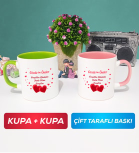 İkili Sevgiliye Sevgililer Günü Hediyesi 6 Kupa Bardak Yeşil Pembe
