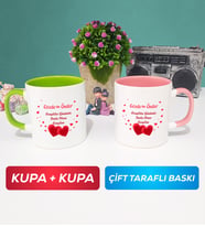 İkili Sevgiliye Sevgililer Günü Hediyesi 6 Kupa Bardak Yeşil Pembe
