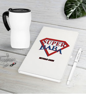 BK Gift Kişiye Özel Süper Baba Beyaz Defter Kalem Termos Mug Seti-3 (Model 1)