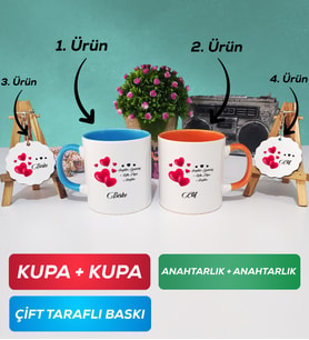 İkili Mavi Turuncu Sevgililer Günü Hediyesi Kupa Bardak Anahtarlık