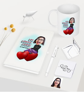 BK Gift Kişiye Özel En Güzel Anne Karikatürlü Beyaz Defter Kalem Kupa Ayna Seti (Model 1)