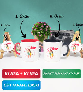 İkili Kırmızı Siyah Sevgiliye Sevgililer Günü Hediyesi 1 Kupa Bardak Anahtarlık