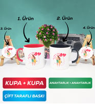 İkili Kırmızı Siyah Sevgiliye Sevgililer Günü Hediyesi 1 Kupa Bardak Anahtarlık