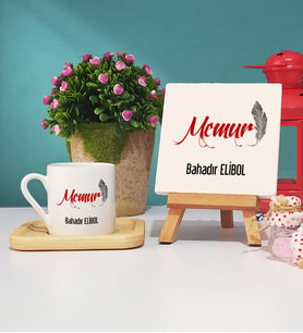 Memur Ahşap Altlıklı Türk Kahvesi Fincanı ve Dekoratif Taş Baskı