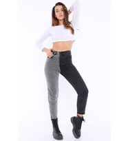Yüksek Bel İki Renkli Mom Jean Kot Pantolon (Siyah-Gri)