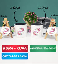 İkili Siyah Siyah Kişiye Özel İsim Yazılı Çiçek Tasarımlı Kupa Bardak Anahtarlık Hediye Seti