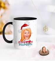 BK Gift Kişiye Özel Kadın Yeni Yıl Karikatürlü Siyah Kupa ve Kar Tanesi Kolye-3 (Model 1)