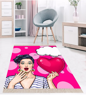 Sürpriz Tema Kalp Desenli Dijital Baskı Yıkanabilir Kaymaz Taban Modern Salon Halısı ve Yolluk (Pembe)
