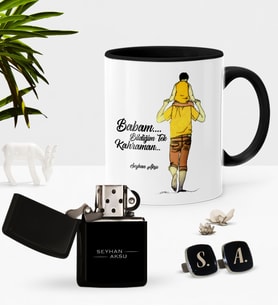 BK Gift Kişiye Özel Babam Bildiğim Tek Kahraman Siyah Kupa Çakmak Kol Düğmesi Seti (Model 1)