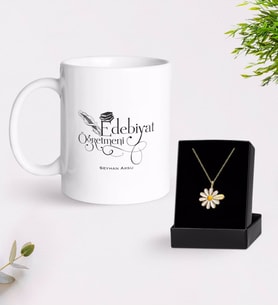 BK Gift Kişiye Özel Edebiyat Öğretmeni Beyaz Kupa ve Papatya Kolye Hediye Seti (Model 1)