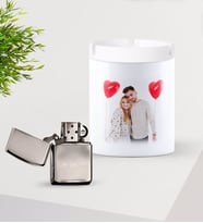 BK Gift Kişiye Özel Fotoğraflı Silver Benzinli Metal Çakmak ve Seramik Kül Tablası Seti-1 (Model 1)