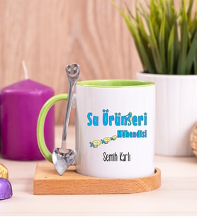 Su Ürünleri Mühendisi Ahşap Altlıklı Yeşil Kupa Bardak