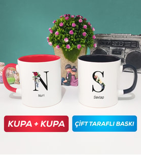 İkili Kişiye Özel Baş Harf ve İsim Yazılı Kupa Bardak Kırmızı Siyah
