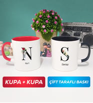 İkili Kişiye Özel Baş Harf ve İsim Yazılı Kupa Bardak Kırmızı Siyah
