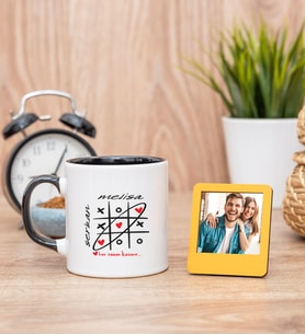 Aşk Her Zaman Kazanır Siyah Kupa Bardak ve Sarı Mini Fotoğraf Çerçevesi