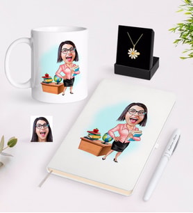 BK Gift Kişiye Özel Bayan Öğretmen Karikatürlü Beyaz Kupa Defter Kalem ve İsimli Papatya Kolye Hediye Seti-5 (Model 1)