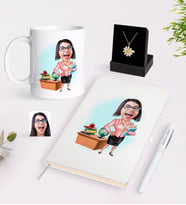 BK Gift Kişiye Özel Bayan Öğretmen Karikatürlü Beyaz Kupa Defter Kalem ve İsimli Papatya Kolye Hediye Seti-5 (Model 1)