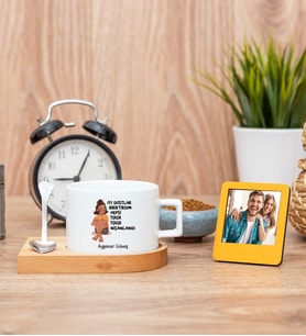 İyi Dostlar Biriktirdim Fincan ve Turuncu Mini Fotoğraf Çerçevesi
