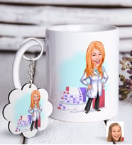 BK Gift Kişiye Özel Bayan Eczacı Karikatürlü Beyaz Kupa ve Anahtarlık Hediye Seti-3 (Model 1)