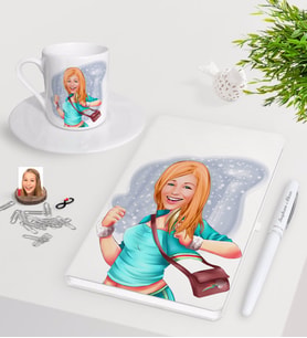 BK Gift Kişiye Özel Kadın Karikatürlü Beyaz Defter Kalem Türk Kahvesi Fincanı Seti-52 (Model 1)