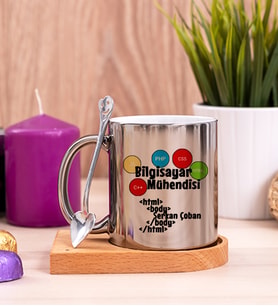 Bilgisayar Mühendisine Özel Ahşap Altlıklı Silver Kupa Bardak
