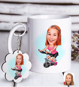 BK Gift Kişiye Özel Bayan Fitness Sporcusu Karikatürlü Beyaz Kupa ve Anahtarlık Hediye Seti-1 (Model 1)