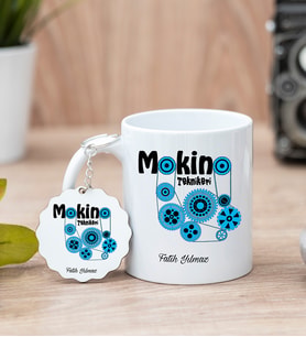 Makine Teknikeri Beyaz Kupa Bardak Ve Anahtarlık Set