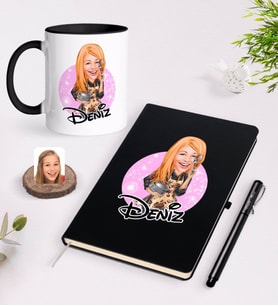 BK Gift Kişiye Özel Kadın Aşçı Karikatürlü Siyah Defter Kalem ve Kupa Seti-2 (Model 1)