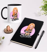 BK Gift Kişiye Özel Kadın Aşçı Karikatürlü Siyah Defter Kalem ve Kupa Seti-2 (Model 1)
