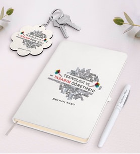 BK Gift Kişiye Özel Teknoloji ve Tasarım Öğretmeni Beyaz Defter Kalem ve Anahtarlık Hediye Seti (Model 1)