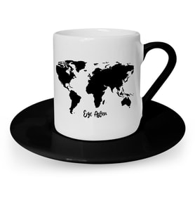BK Gift Kişiye Özel World Map Tasarımlı Siyah Türk Kahvesi Fincanı  1