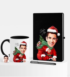 BK Gift Kişiye Özel Yılbaşı Temalı Bay Karikatürlü Siyah Defter Kalem Kupa Seti - 4