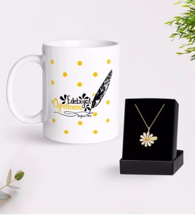 BK Gift Kişiye Özel Edebiyat Öğretmeni Beyaz Kupa ve Papatya Kolye Hediye Seti-2 (Model 1)